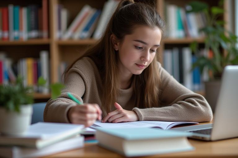 Student studying for a language test with books and laptop